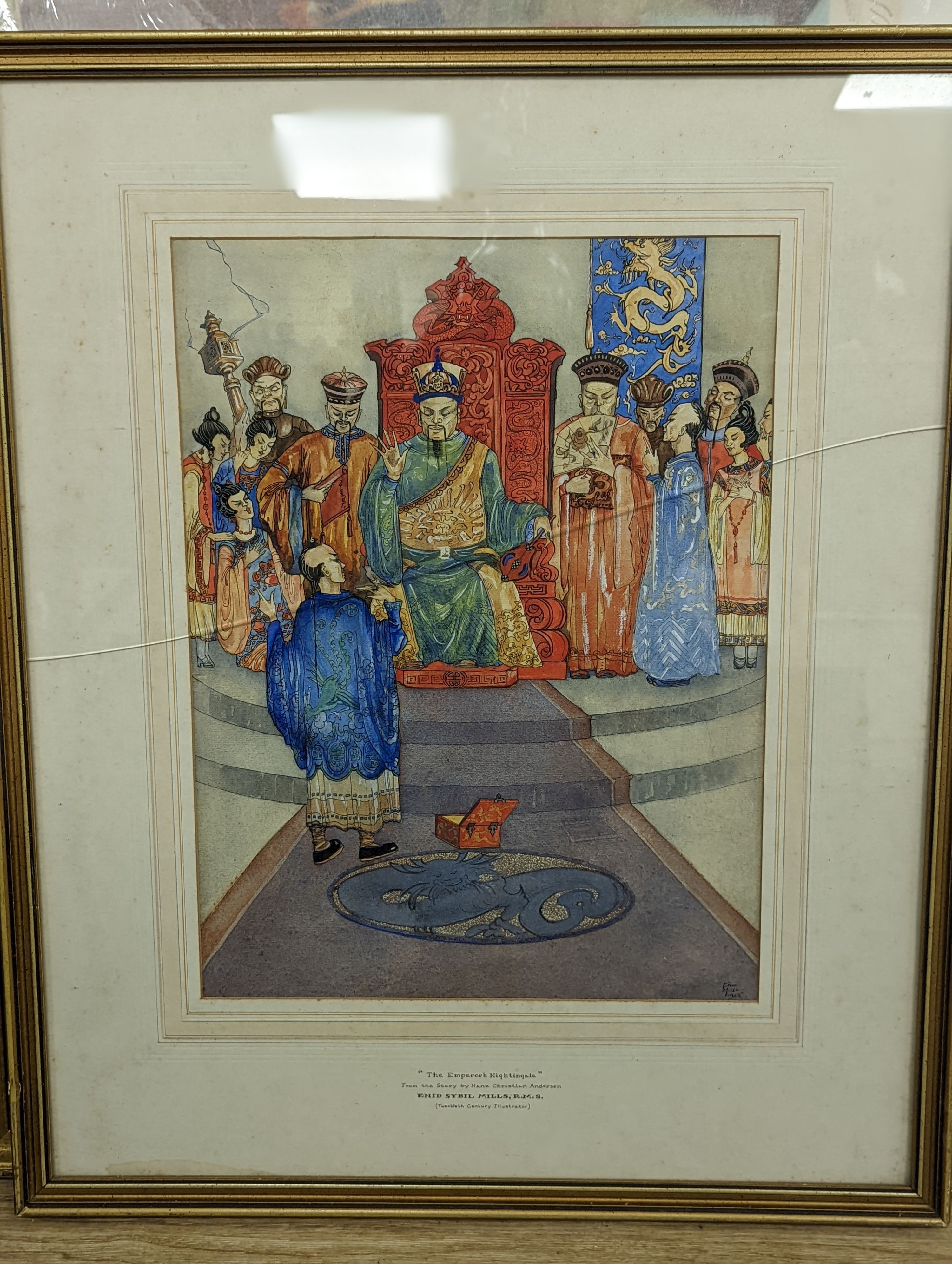 Enid Sybil Mills (1901-1985), ink and watercolour, The Emperor's Nightingale from the story by Hans Christian Andersen, signed and dated 1925, 42 x 32cm